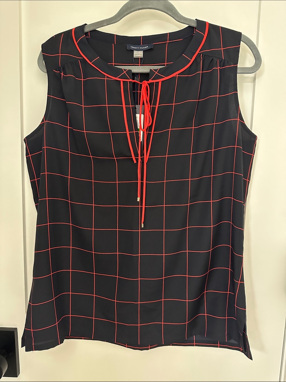 Tommy Hilfiger Black Camisole with Red Windowpane Grid and Tie Neck